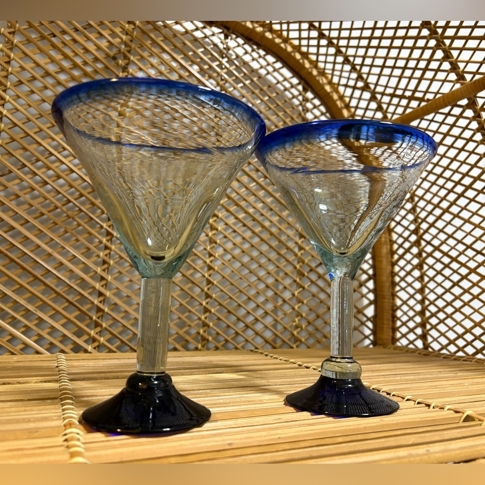 Hand Blown Blue Rimmed Martini Glasses - Picture 2 of 2